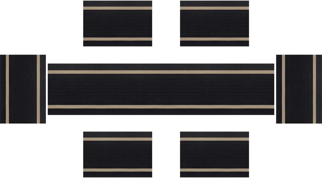 PIGCHCY Luxurious Placemats and Table Runner Set, Stylish Durable Placemats Set of 6 for Home Wedding Hotel Decoration (Black)