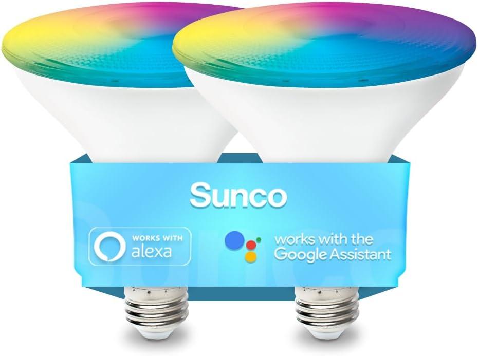 Sunco PAR38 Alexa Compatible Smart LED Bulbs, WiFi Color Changing Outdoor Flood Light, 13W, RGB Tunable White CCT, Dimmable, with Amazon Alexa & Google Assistant, No Hub Required 2 Pack