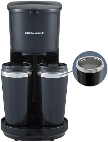 Elite Gourmet EHC116 Dual Drip Double Coffee Maker Brewer Includes Two 14 Oz Stainless Steel Interior Thermal Travel Mugs, Compatible with Coffee Grounds, Reusable Filter, Black