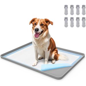Pee Pad Holder for Dog, 22"  34" Puppy Pad Holder with Clamps, Raised Edges Leak-Proof Dog Pee Pads Holders, Waterproof Silicone Potty Pads for Dogs, Easy to Clean Indoor, Light Gray