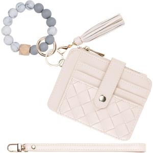 Airkit Wristlet Wallets for Women, Keychain RFID Blocking Credit Card Holder, Small Girly Wallet with Bracelet, Silicone Beaded Tassel Key Ring Card Holder