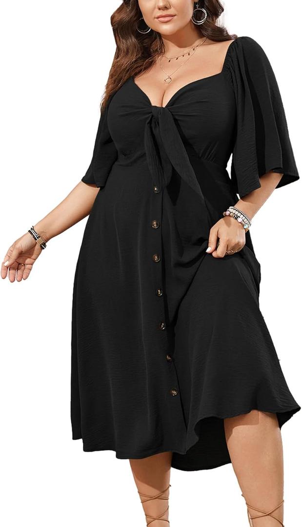 SCOMCHIC Plus Size Summer Dress Casual Short Sleeve Bow Tie Deep V Neck Smocked Button Down Midi Flowy A-line Boho Dresses (XX-Large Plus)
