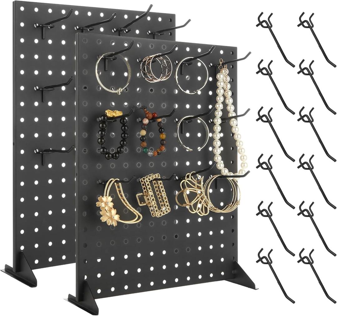 YOUNTHYE 2PCS Peg Board Display Stand with 24 Peg Hooks 17x13 inch Desk Pegboard Stand Metal Pegboard Display Stand for Retail Craft Shows & Fairs Black Desk Pegboard Panels