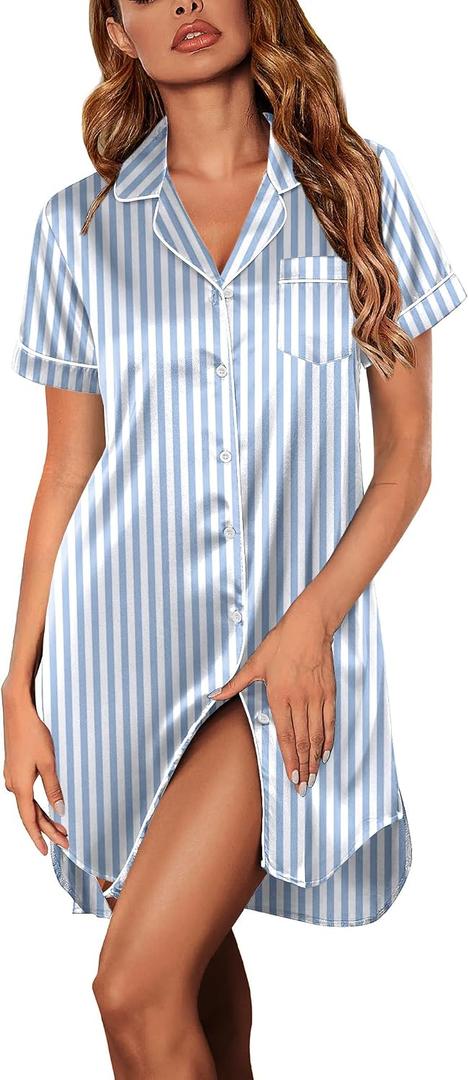 Ekouaer Women's Satin Nightshirt Button Down Sleepshirt Silk Short Sleeve Nightgown Boyfriend Notch Collar Sleepwear (Blue, L)