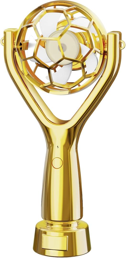 Soccer Trophy Shaped Handheld Fan, Soccer Gifts for Sports enthusiasts, Kids, Boys and Girls, Portable USB Rechargeable Mini Fan for Stadium, Game Day, 2026 World Soccer Event, Outdoor, Gold