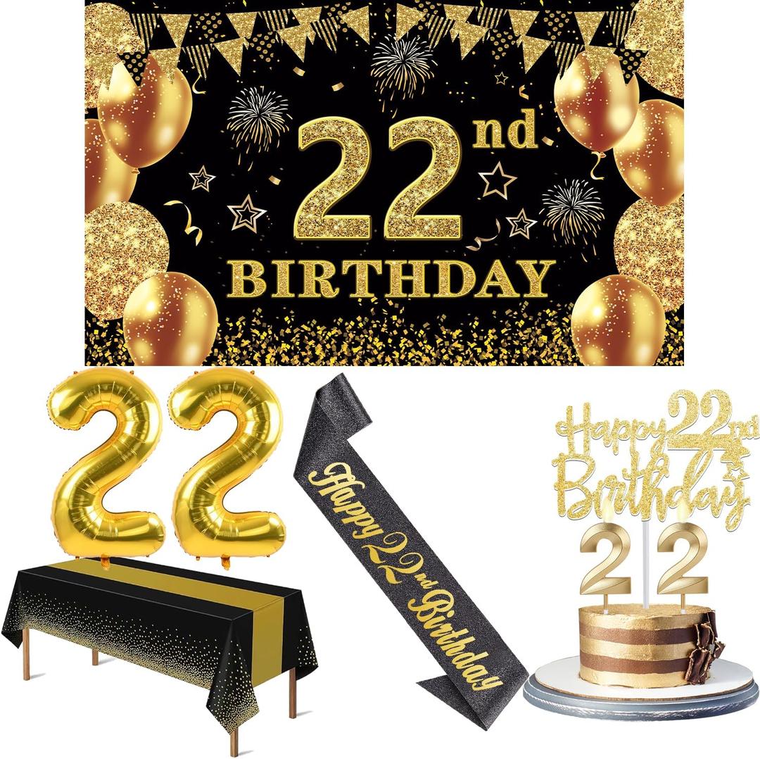 22nd Birthday Decorations Men Women with 22nd Birthday Banner, Black and Gold Table Cloth, Number Balloons, Large Sash, Cake Topper and Candles