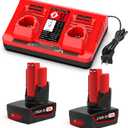 2-Pack 6.5Ah 12V Battery and Charger Set Compatible with Mil-wau-kee 12V Tools 48-11-2420 48-11-2401 48-11-2402 48-11-2450 Battery and 48-59-2401 Charger