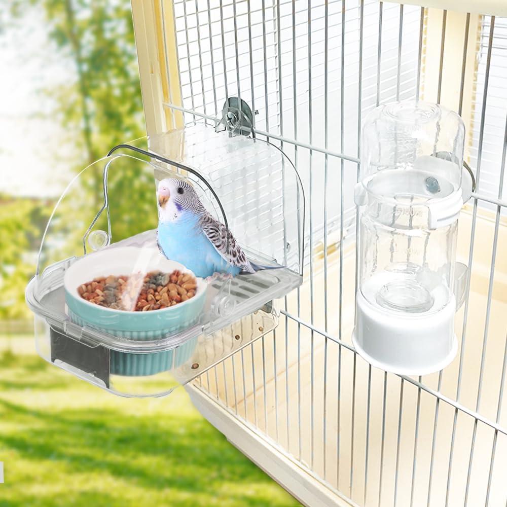 No Mess Automatic Bird Feeder Water Dispenser Set, Cage Accessories for Parakeet, Cockatiel, Squirrel, Finch, Lovebirds, Budgies, Canary (Blue Bowl)