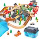 100Pcs Wooden Train Set for 3 Year Old Boys, Double-Side Train Set Tracks with Bridge Train Station & Storage Box, Fits Brio, Thomas, Melissa and Doug, Kids Gift Toys for Boy 3-7 (100pcs)