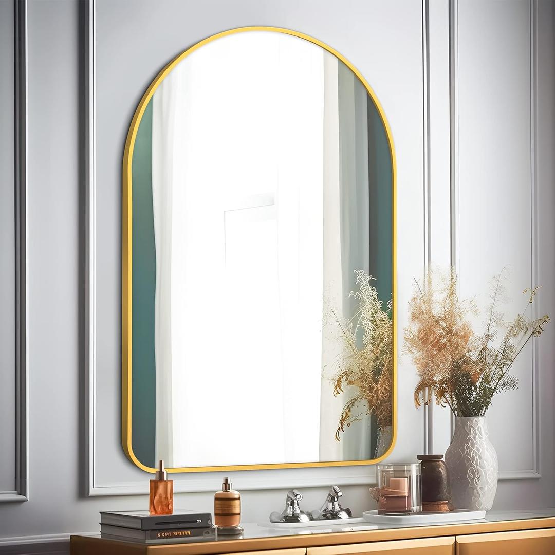 NeuType Arched Wall Mirror, 36"x24" Wall Mirror, Hanging or Leaning Against Wall, Large Bedroom Mirror, Floor Mirror, Dressing Mirror, Aluminum Alloy Thin Frame, Rounded Corners, Gold