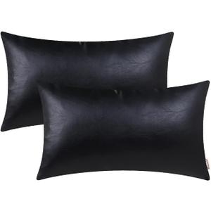 BRAWARM Faux Leather Throw Pillow Covers 12 X 20 Inches - Black Leather Lumbar Pillow Covers Pack of 2, Solid Dyed Leather Pillowcases for Couch Bed Sofa Garden Home Decorative