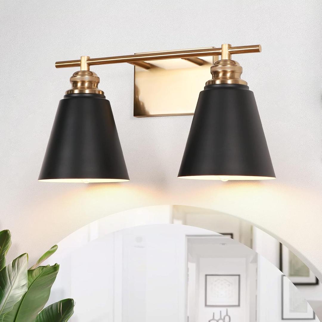 Black and Gold Bathroom Light Fixtures, 2-Light Bathroom Vanity Lights Over Mirror with Metal Shade, Modern Wall Sconces Lighting for Kitchen Bedroom Living Room, BD015-2-BK