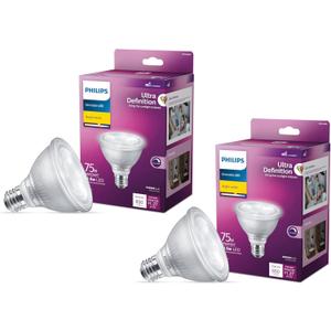 Philips LED 75W PAR30 2-Pack Ultra Definition Bright White (3000K) 850 Lumen (10.5W = 75W) Dimmable Flicker-Free Light Bulbs