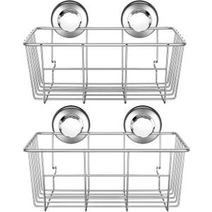 Suction Cup Shower Caddy Basket for Shampoo Combo Organizer Basket Stainless Steel Holder for Bathroom Storage，Pack of 2