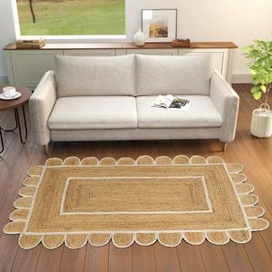 GRUHUM Scalloped Jute Area Rugs 9x12 ft Rectangular Natural Base White Trim Handwoven Boho Soft Braided Rustic Vintage EcoFriendly Rug- Farmhouse Indoor Living Room Bedroom Kitchen Hallways Home Décor