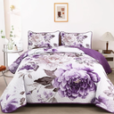 WONGS BEDDING Floral Quilt Set Purple Queen,Quilted Printed Lightweight Bedspread Bedding Set for All Season,3 Pieces Reversible Botanical Plant Coverlet Set with 2 Pillow Shams