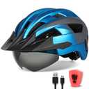 FUNWICT Adult Bike Helmet with Visor and Goggles for Men Women Mountain Road Bicycle Helmet Rechargeable Rear Light Cycling Helmet (XL: 59-63 cm (23.2-24.8 inches), Blue Grey)