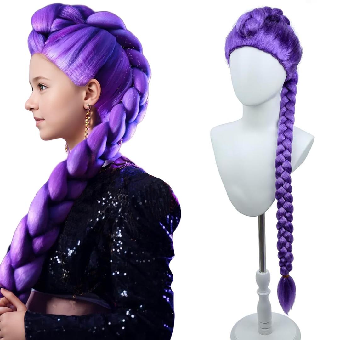 MAGQOO Purple Braid Wig Girls Super Long Purple Braids Wig Movie Halloween Cosplay Costume(Small Head)