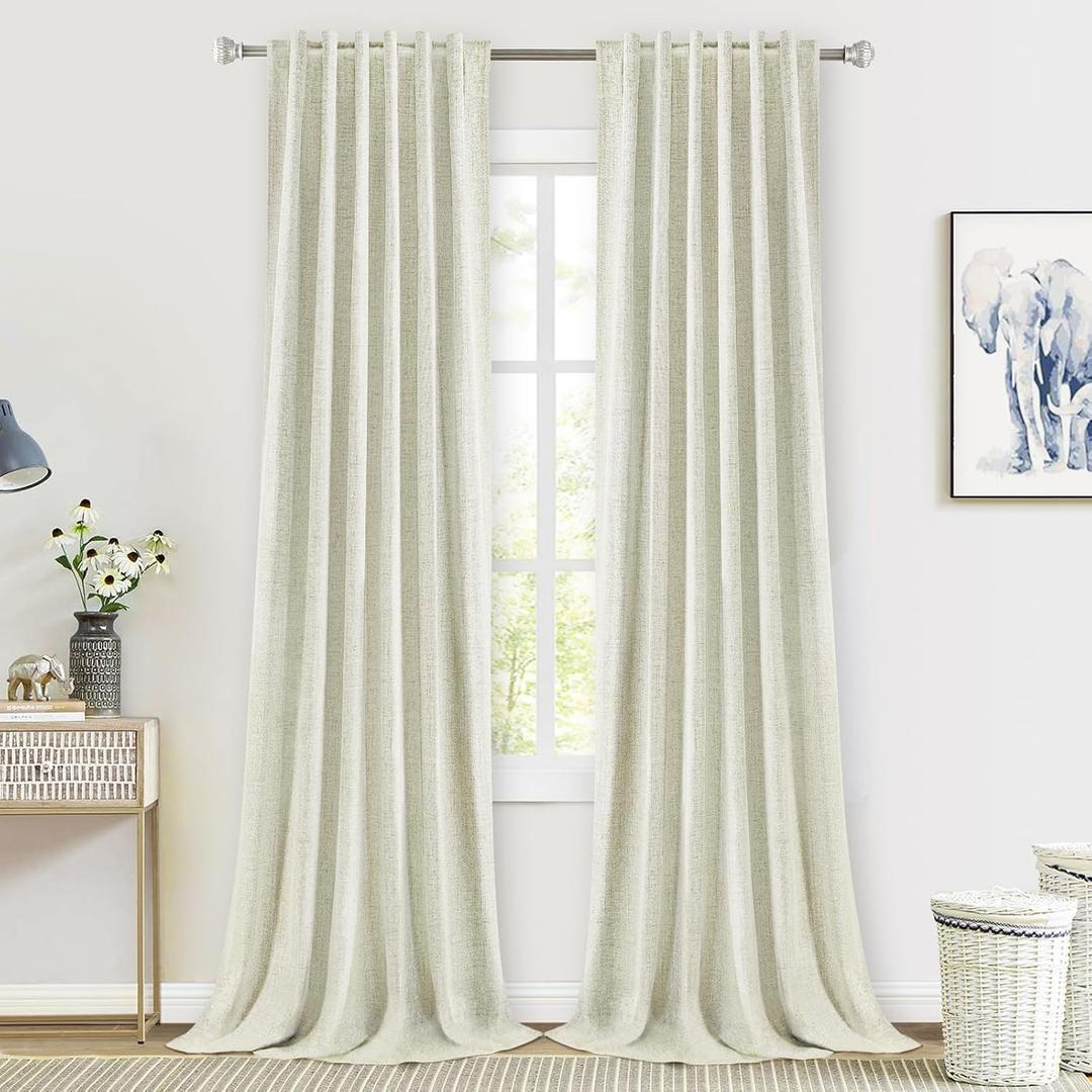 PANGSINNE 100% Blackout Cream Linen Curtains for Living Room - Back Tab Thermal Insulated Farmhouse Drapes Room Darkening for Bedroom, Natural 90 Inch Length 2 Panels Set