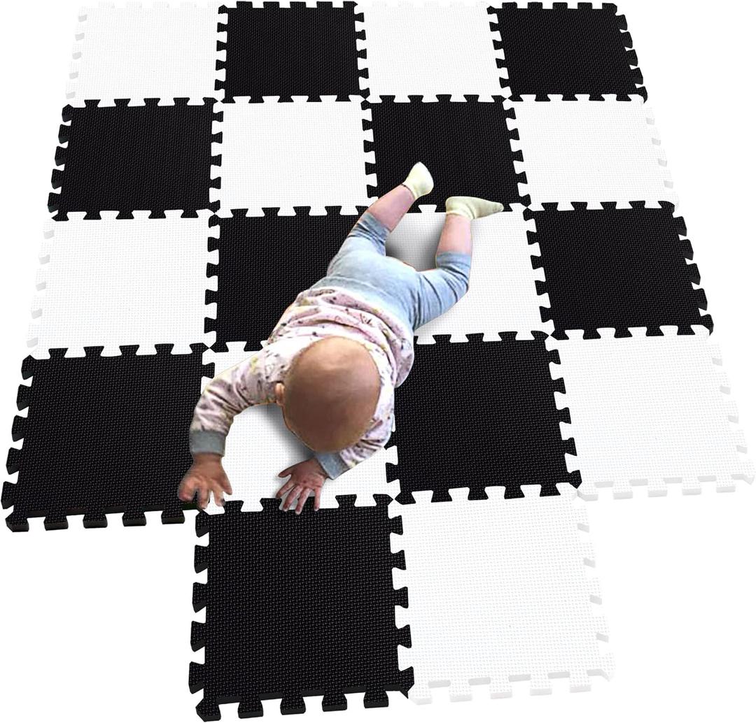MQIAOHAM 18 Pieces Puzzle Play Mats, Soft Baby Play Mat, Kids Interlocking Foam Floor Tiles, Toddlers Carpet Playmats G301018-101104 (871721cm, White Black)