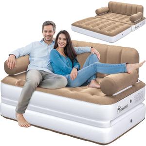 YITAHOME Queen Size Inflatable Sofa Bed with Headboard and Pump, Convertible Blow Up Couch, 2-in-1 Black Air Sofa Bed for Home, Camping, and Guests, Brown