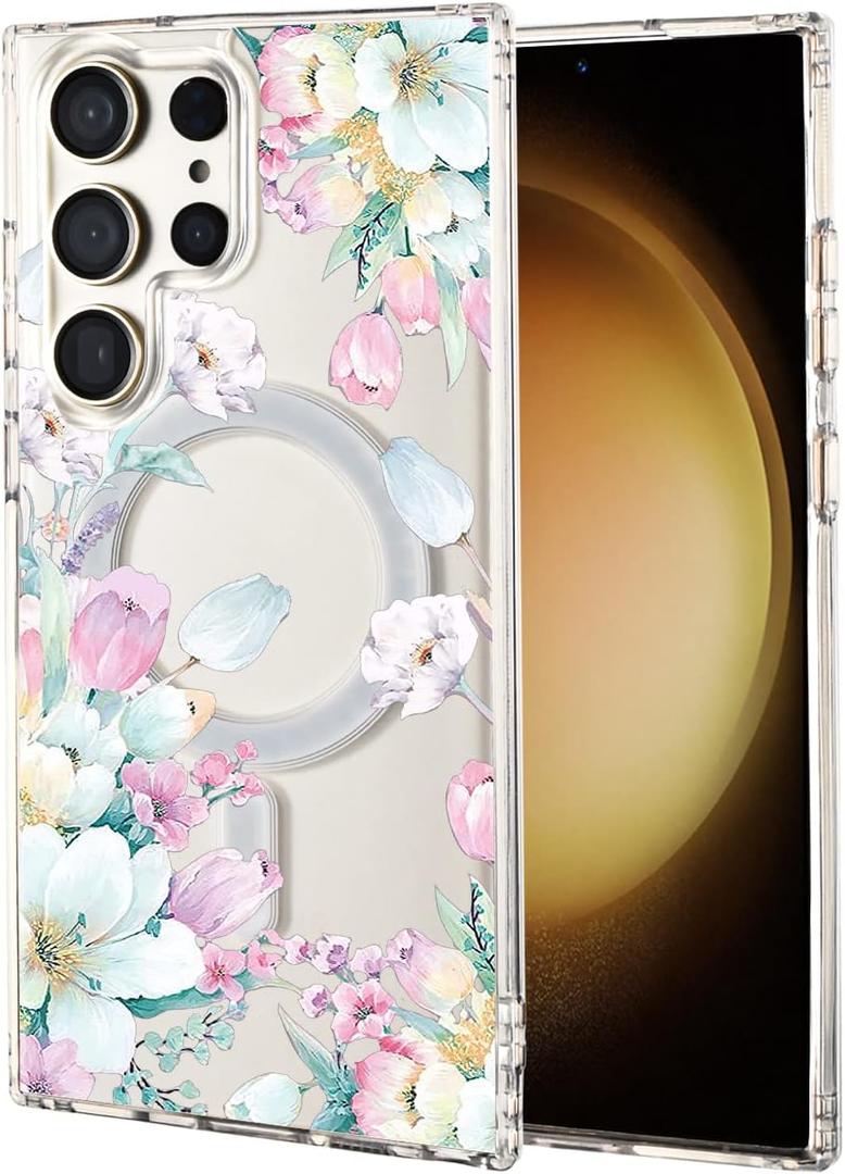Tcaraersing Crystal Clear Flower Magnetic Case for Samsung Galaxy S23 Ultra MagSafe PC Back Cover Soft TPU Edges Slim Thin Shockproof Silicone Floral Pattern Girls Woman S23 Ultra 6.8'' Tulip Blossoms