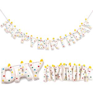 Pre-Strung 3D Wool Felt Happy Birthday Candle Banner,Handmade Confetti Dots Birthday Garland for Party Decorations, Reusable Happy Birthday Sign for Party Supplies Kids Girls Boys Party