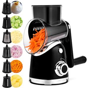 SUSTEAS Rotary Cheese Grater with Handle,Vegetable Slicer with 6 Interchangeable Blades, Reinforced Suction,Easy to Clean,Kitchen Shredder for Crushed Ice,Fruits and Nuts with Blade Storage Case,Black