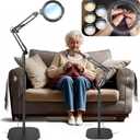 12X Floor Magnifying Glass with Light and Stand, 5.2" Large Floor Lamp Magnifier with 5 Color Modes 10 Dimmable Brightness, Hands Free Lighted Magnifying Glass with Clamp for Close Work Sewing (Black)