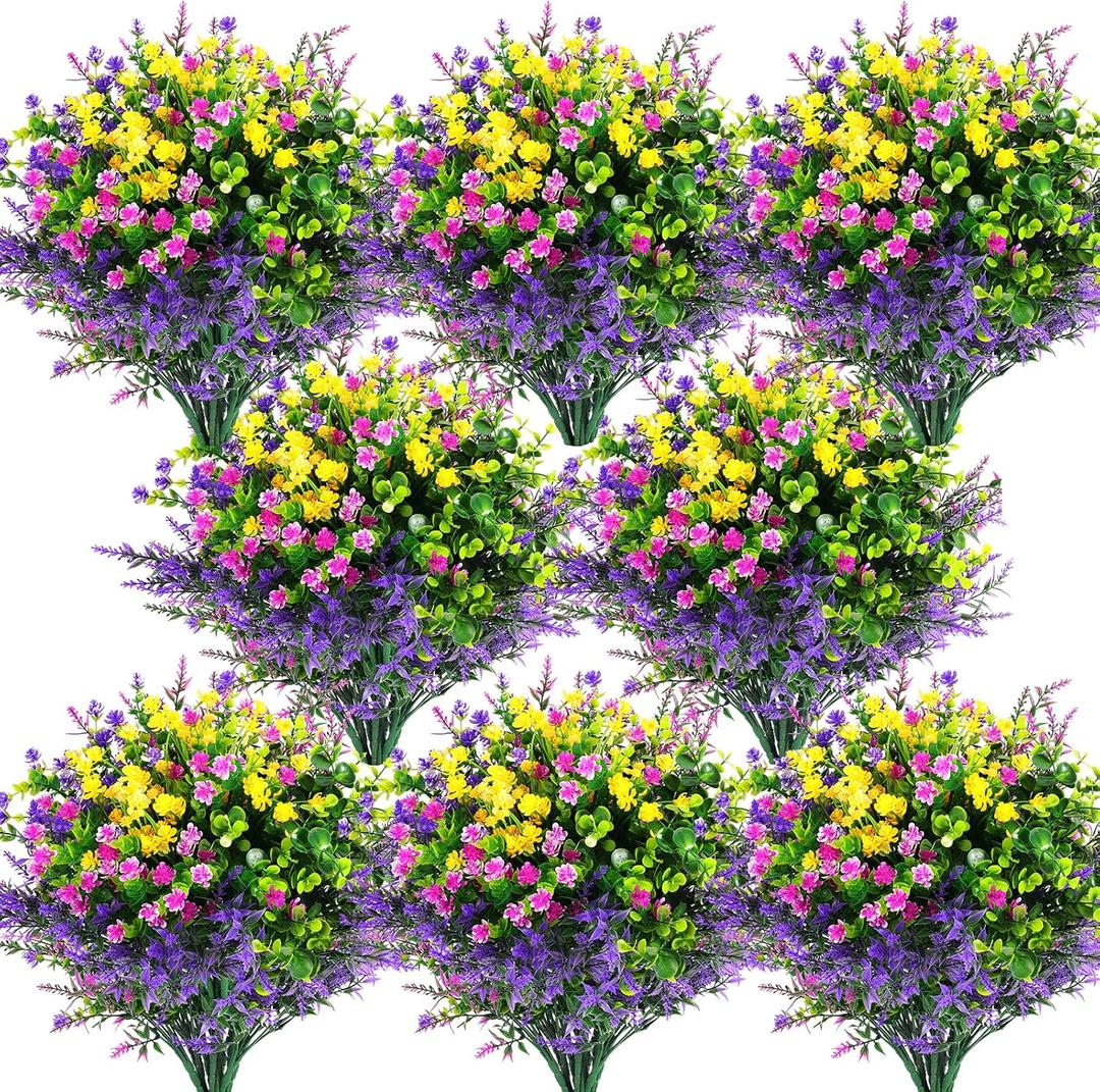 Hananona 24 Pcs Artificial Flowers Outdoor, Faux Artificial Plants UV Resistant Plastic Flower Bulk for Hanging Planter Porch Window Home Wedding Summer Decor (24, Fuchsia, Purple, Yellow, Green)