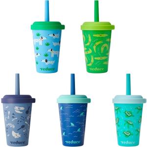 REDUCE GoGo's Kids Portable Tumbler Cups with Lids and Spill-Proof Straws - 5 Pack of Stackable 12 oz Tumblers with Twist-On Lids - Easy Storage, Dishwasher Safe - Scavenger Boy Set