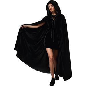 Velvet Hooded Cloak for Adults Full-Length Medieval Cape with Oversized Hood for Halloween Cosplay Gothic Wizard (Medium, Black)