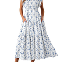 BLENCOT Womens Floral Maxi Dresses Casual Flowy Boho Dresses Summer Ruffle Short Sleeve V Neck Dress with Pockets, Size L