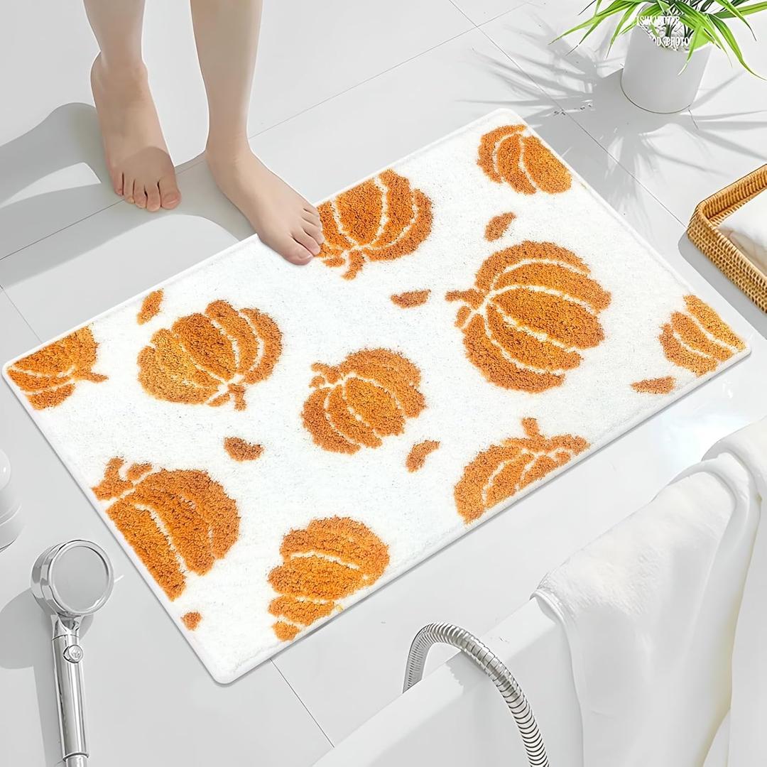 Fall Pumpkin Bath Mats for Bathroom, Thanksgving Super Absorbent Non-Slip Microfiber Shaggy Bath Rugs, Autumn Bathroom Mat for Shower, Tub, Sink, Decor, Machine Washable, 20x30in, Orange