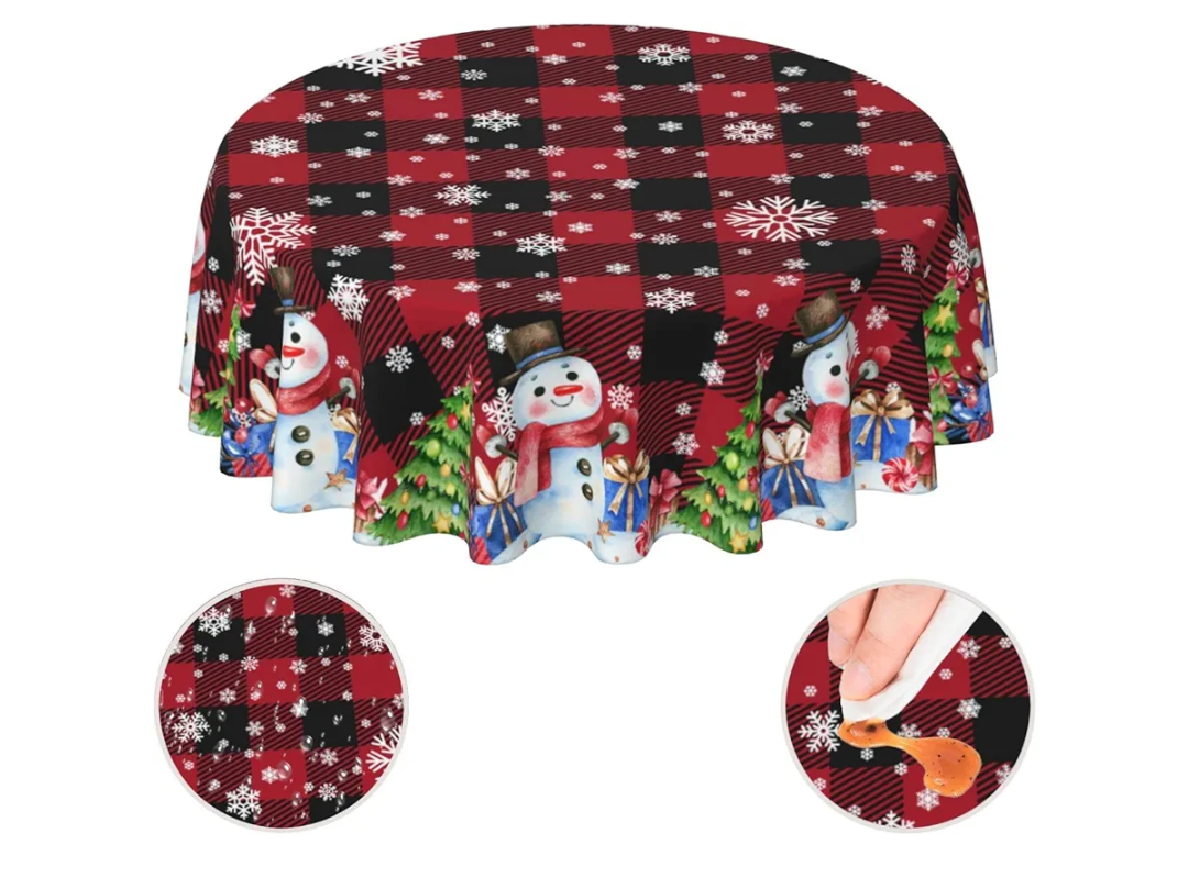 Yetta Yang Red Buffalo Check Christmas Snowman Waterproof Picnic Party Round Table Cloth Cover Decorations Fabric 60 Inch Circular Tablecloth Home Dining Room Kitchen Decor