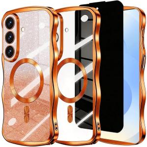 Glitter for Galaxy S26 Case with Camera Lens Protector,[Privacy Screen Protector] Bling Sparkle Protective Magnetic Phone Case for Women Shiny Gradient Cover for Galaxy S26 Orange