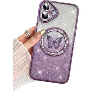 BITOBE Designed for iPhone 16 Case, Cute Butterfly Slim Plating Glitter Rhinestones Cover X 2pcs Screen Protectors for Women Girls Protective Camera Protection Bumper 6.1" Purple