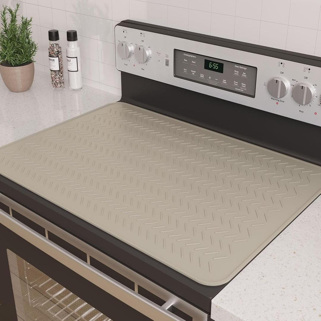 Stove Top Covers for Electric Stove, Thickened Premium Silicone Stove Mat for Glass Top Stove, 28 x 20 Glass Stove Top Cover Protector, Oven Range Top Cover, XL Dish Drying Mat (Beige)