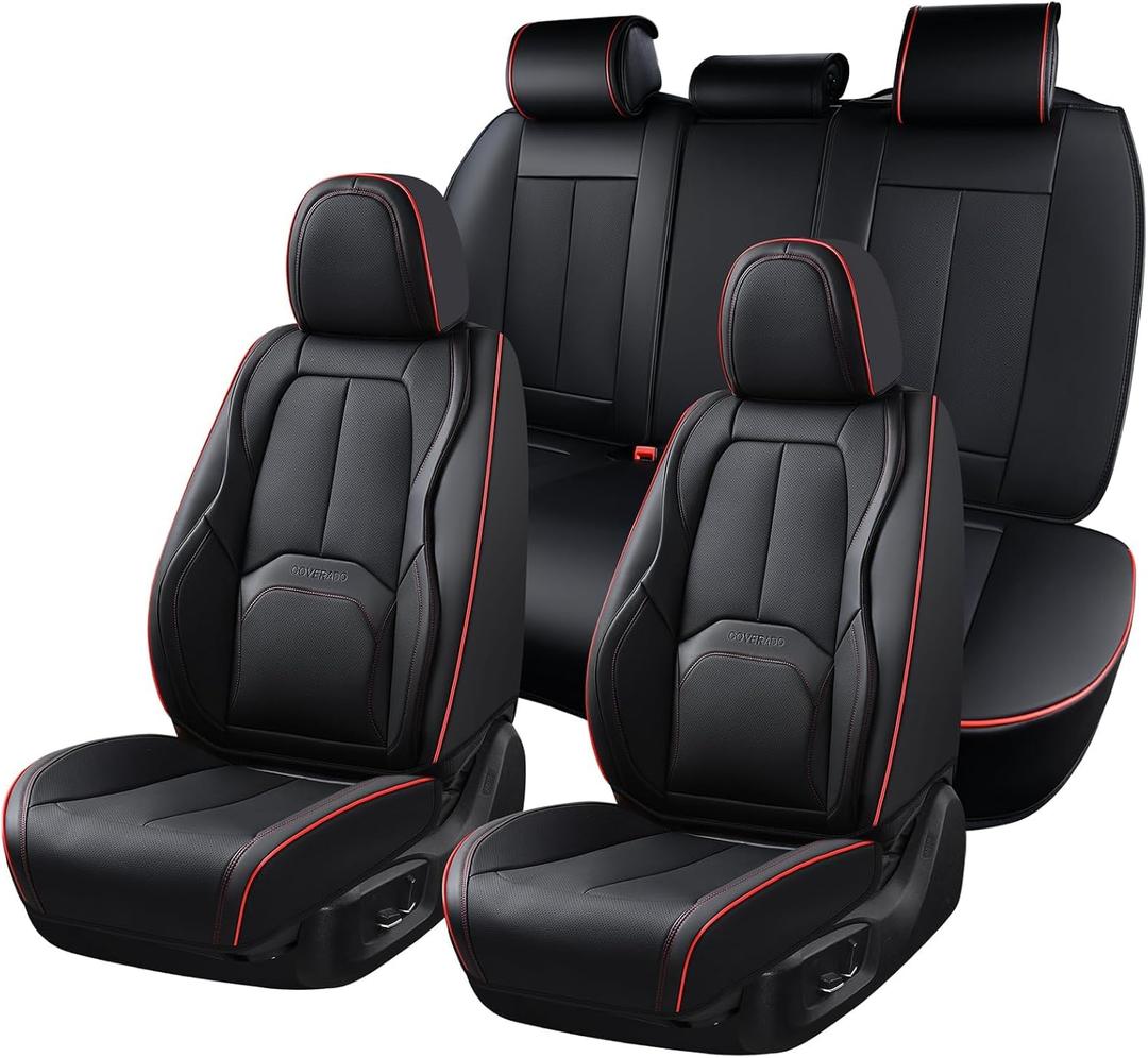 Coverado Car Seat Covers Full Set, Premium Nappa Leather Seat Covers for Car, Waterproof Car Seat Protector with Lumbar Support, Car Seat Cover Universal Fit for Most Cars SUV Truck(Black&Red)