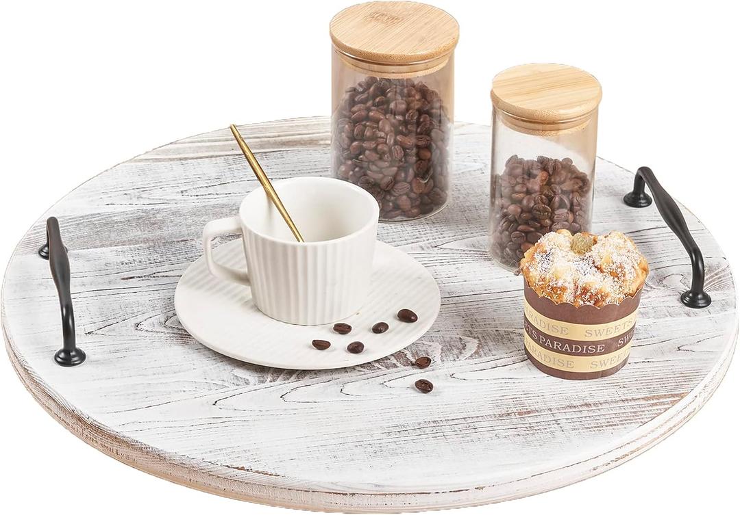 Wooden Lazy Susan for Table Turntable Organizer 18 Inch Large Lazy Susan Whitewashed Wood Serving Tray for Pantry Cabinet Countertop Round Spins Balanced Pine Spice Rack for Kitchen Essentials Storage, White 