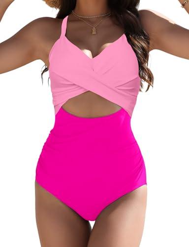 Buauty Women's One Piece Swimsuit Tummy Control Bathing Suits Sexy Cutout Swimwear Full Coverage Swim Suits for Women 2025 Pink, XL