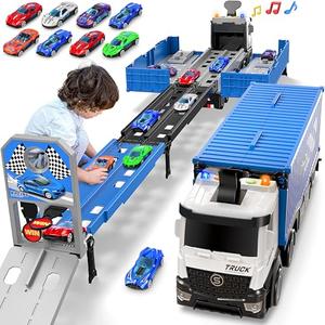Carrier Truck Race Track Toddlers Toys, Foldable 3 Layer Track Playset, Toy Truck Transport Car Carrier & 8 Race Cars, Truck Car Kids Toys Xmas Gifts for Age 3 4 5 6+ Years Old Boys Girls