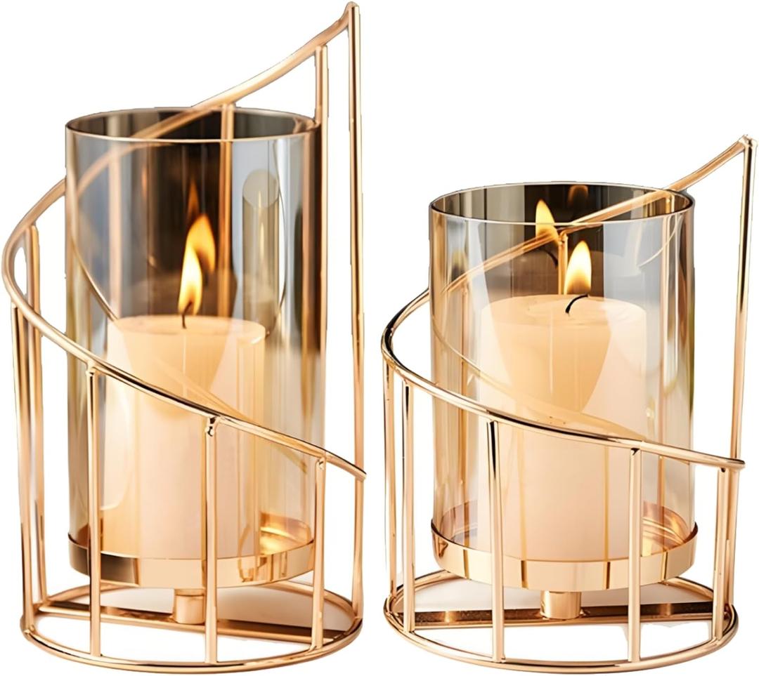 Gold Candle Holders for Table Centerpiece, Candle Holder Set of 2, Metal Wire Design, Includes Small and Large Sizes, Ideal for Pillar Candles