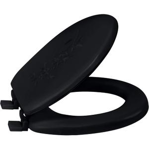 Bath Bliss Extra Soft Standard Round Toilet Seat | Decorative Vinyl Lid | Adjustable Quick Screw Attach Non-Slip Hinges | Bathroom | Black