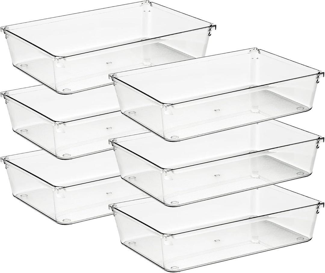 Ravinte 6 Pack Drawer Organizer - 6" X 9" Plastic Storage Bins, Acrylic Organizers with Non-Slip Pads Clear Desk Storage Tray for Makeup, Jewelries, Kitchen Utensils, Bathroom and Office