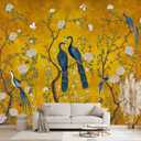 Golden Chinese Style Flowers Birds Large wall murals Peel and Stick Wallpaper for Bedroom Living Room - 85"x118"