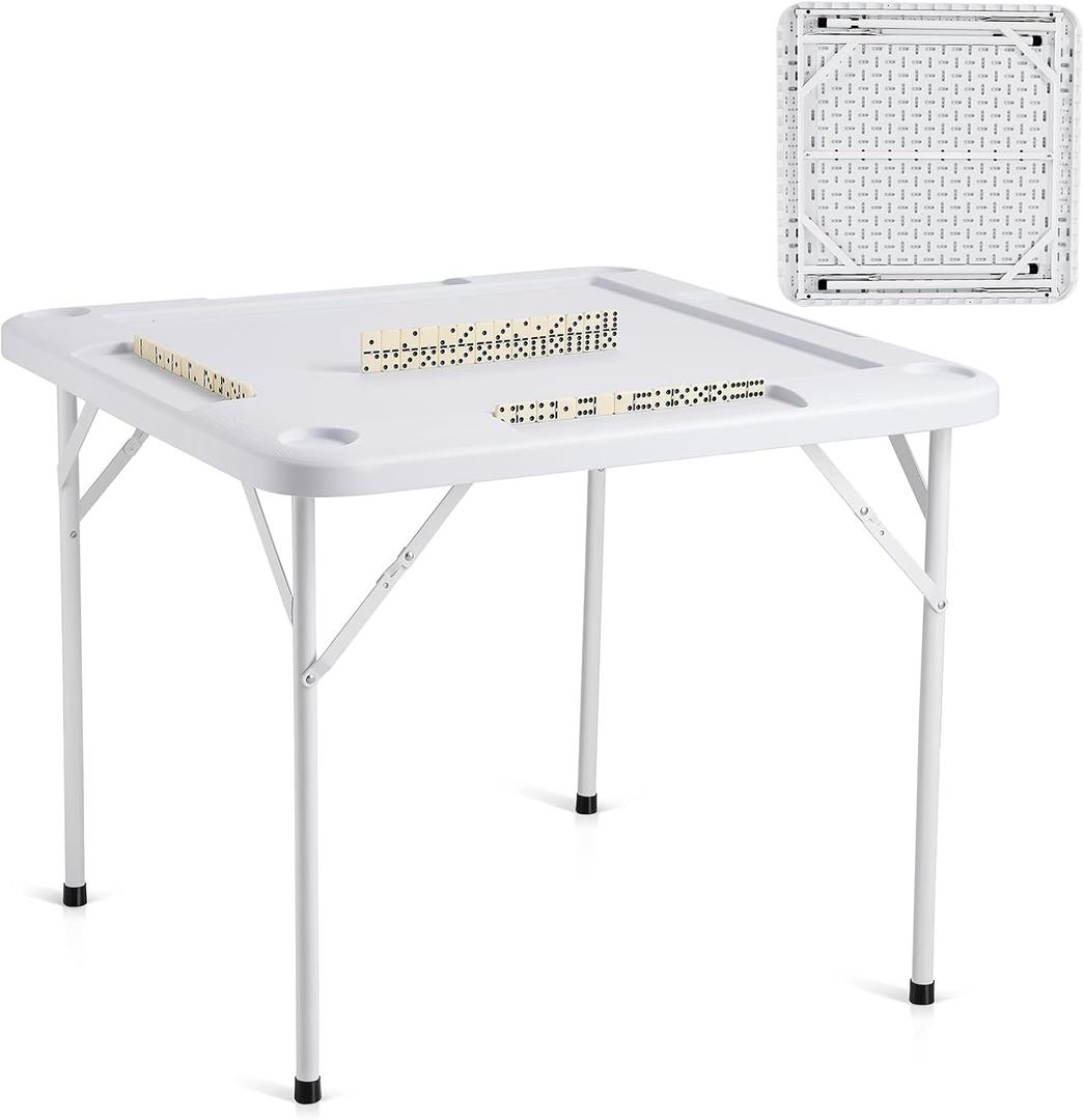 VEVOR Mahjong Table, Square 4 Player Folding Card Table with 4 Cup Holders & 4 Chip Trays, Portable Domino Game Table with 1 Set of Dominoes for Mahjong Poker Puzzles, 35.4 x 35.4-inch, White, 35.43 x 35.43 x 29.13 inches