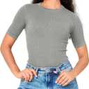 BAMBOO COOL Women's Seamless Tight T-Shirts Slim Fit Basic Ribbed Tees Short Sleeve Crew Neck Top (Gray, M)
