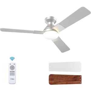 Amico Ceiling Fans with Lights, 52 inch Low Profile Ceiling Fan with Light and Remote Control, Flush Mount, Reversible, 3CCT, Dimmable, Noiseless, Silver Ceiling Fan for Bedroom, Indoor/Outdoor Use