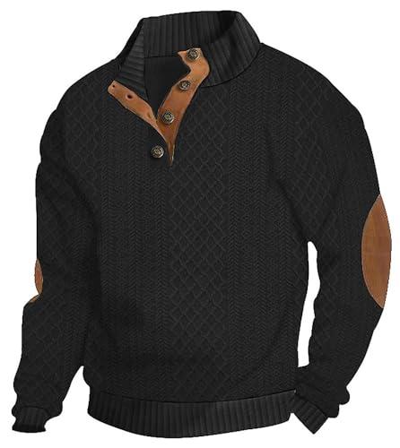 QOSOQ Men's Casual Sweatshirt Pullover Sweater Casual Long Sleeve Stand Collar Quarter Button Sweaters Black, Size L